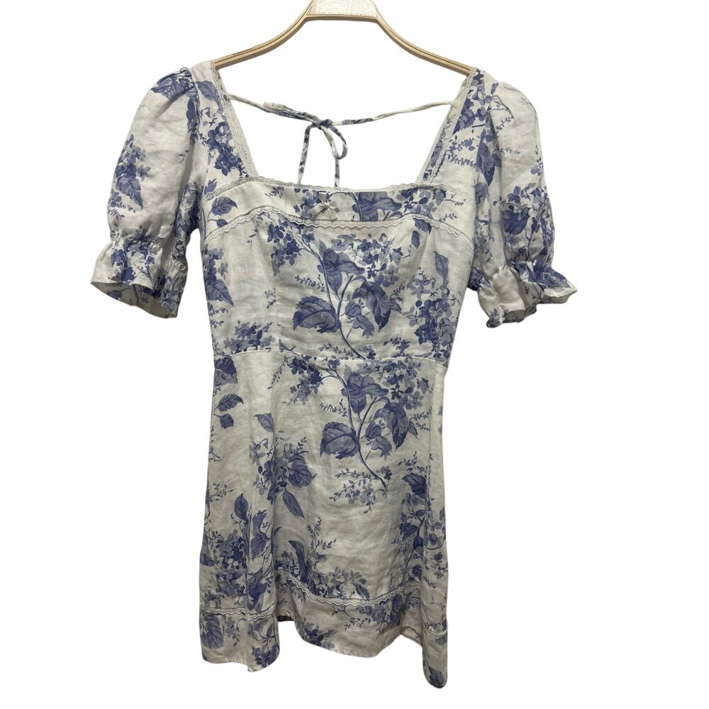 Reformation Evianna 100% Linen Lace Trim Blue White Floral Mini Dress 8